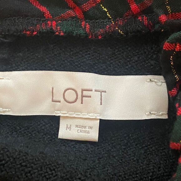 LOFT Black Cable Knit Plaid Trim Sweater Ruffle Neck Holiday Layered Look M - Picture 3 of 12